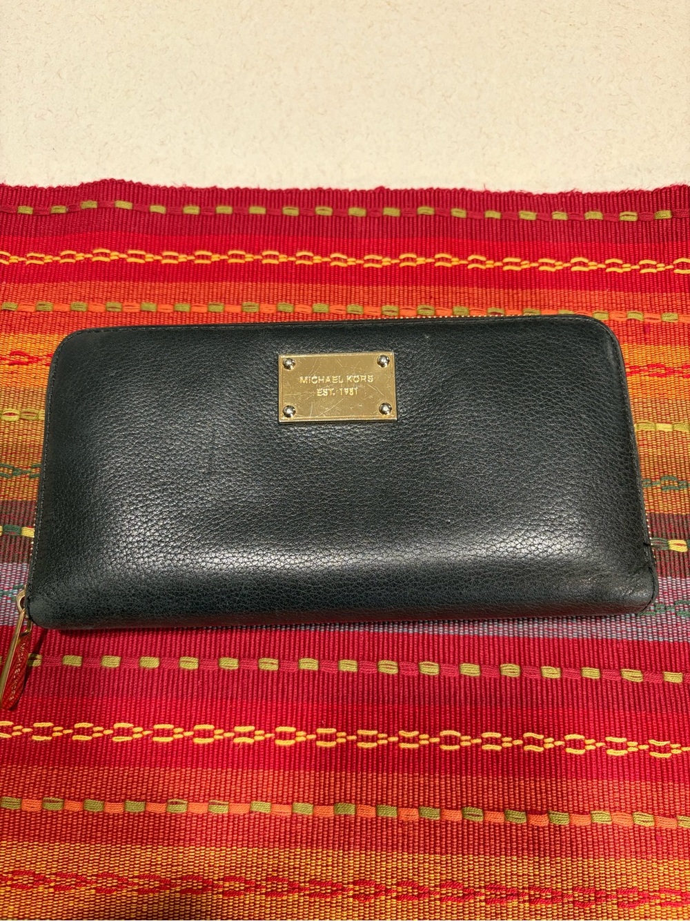 Michael Kors Black Leather Zip-Around Wallet with Gold Plate